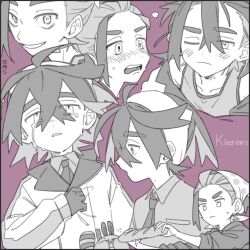 1boy blush border bread character_name closed_mouth collared_shirt crossed_bangs crying crying_with_eyes_open food greyscale_with_colored_background hair_between_eyes hairband holding holding_food jacket kieran_(pokemon) male_focus mole mole_on_neck monochrome multicolored_hair multiple_expressions multiple_views nose_blush one_eye_closed open_mouth pokemon pokemon_(creature) pokemon_scarlet_and_violet sentret shirt simple_background sweat tears to_ske upper_body 