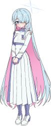  1girl absurdres blue_archive blue_eyes blue_hair blue_halo blue_pupils boots braid_over_shoulder colored_inner_hair commentary cropped_jacket general_student_council_president_(blue_archive) hair_over_one_eye halo highres j2sc jacket lace-up_boots long_hair long_skirt looking_at_viewer multicolored_hair own_hands_together pink_hair pleated_skirt simple_background skirt solo standing transparent_background two-tone_hair very_long_hair white_boots white_jacket white_skirt 