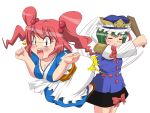  cleavage green_hair hair_bobbles hair_ornament hat onozuka_komachi poorly_drawn red_eyes red_hair redhead rod_of_remorse sasuke10g shikieiki_yamaxanadu short_hair spanked spanking touhou twintails 