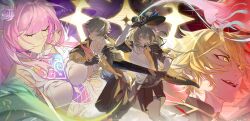  2boys 2girls arm_strap arm_up backlighting badge bare_shoulders baseball_bat belt black_gloves black_hat black_jacket black_pants black_skirt blonde_hair blue_ribbon breasts caelus_(honkai:_star_rail) closed_eyes closed_mouth collarbone cracked_skin criss-cross_halter cyrene_(demiurge)_(honkai:_star_rail) cyrene_(honkai:_star_rail) detached_sleeves dragon_tail dress dual_persona evey_(honkai:_star_rail) eyelashes fang feet_out_of_frame fingerless_gloves fire floating_hair flower four-pointed_star gloves green_ribbon grey_belt grey_hair hair_between_eyes hair_flower hair_ornament hair_ribbon halo halo_behind_head halterneck hand_up hat highres holding holding_baseball_bat holding_polearm holding_quill holding_unworn_clothes holding_unworn_hat holding_weapon honkai:_star_rail honkai_(series) hood hooded_jacket jacket jewelry lance leather leather_gloves long_hair long_sleeves looking_afar looking_at_viewer looking_up medium_breasts memosprite miniskirt multicolored_ribbon multiple_boys multiple_girls neck_ring open_clothes open_jacket open_mouth pants phainon_(honkai:_star_rail) phainon_(khaslana)_(honkai:_star_rail) pink_hair pink_ribbon polearm purple_flower purple_rose quill ribbon rose shirt short_hair short_sleeves sidelocks skirt sleeveless sleeveless_dress smile star-shaped_pupils star_(symbol) stelle_(honkai:_star_rail) symbol-shaped_pupils t-shirt tail teeth thigh_strap trailblazer's_hat_(honkai:_star_rail) trailblazer_(honkai:_star_rail) two-sided_fabric two-sided_jacket unworn_hat unworn_headwear upper_body v-shaped_eyebrows very_long_hair weapon white_dress white_flower white_rose white_shirt white_sleeves xuandieluo yellow_eyes yellow_halo yellow_jacket 