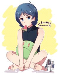  1boy androgynous bare_legs barefoot blue_eyes blue_hair bob_cut character_name collared_shirt crossed_legs english_text food food_in_mouth full_body gundam haro indian_style kamille_bidan looking_at_viewer male_focus medium_hair mobile_suit popsicle popsicle_in_mouth shirt sitting sleeveless sleeveless_shirt solo sweatdrop toes tsukimi_(penguin_kansokutai) v_arms zeta_gundam 