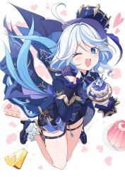  "pour_la_justice"_(genshin_impact) 1girl :d ;d ahoge artist_name asymmetrical_gloves birthday blue_eyes blue_hair blush cake cake_slice commentary food fork from_above full_body furina_(genshin_impact) genshin_impact gloves hair_between_eyes hair_intakes hat heart high_heels highres holding holding_cake holding_food holding_fork kamuraaa_615 long_sleeves looking_at_viewer mini_hat mini_top_hat multicolored_hair one_eye_closed open_mouth pale_skin perspective short_hair signature smile teeth top_hat train_(clothing) upper_teeth_only white_hair 