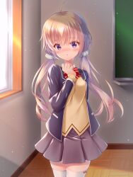  1girl absurdres ahoge black_jacket black_skirt blazer blonde_hair blue_eyes blurry blush bokeh bow bow_legwear bowtie breasts chalkboard classroom clenched_hand commentary dappled_sunlight depth_of_field dot_nose evening getsuyoshi hair_ornament hair_scrunchie hand_up highres indoors itsumura_haruka jacket layered_sleeves long_hair long_sleeves looking_at_viewer low_twintails medium_breasts nose_blush open_clothes open_jacket parted_lips pleated_skirt re:stage! red_bow red_bowtie school_uniform scrunchie skirt solo striped_bow striped_bowtie striped_clothes sunlight sweater thigh-highs tile_floor tiles twintails white_scrunchie white_thighhighs window yellow_sweater zettai_ryouiki 