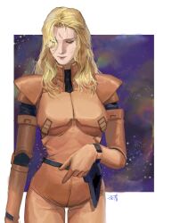  1girl belt blonde_hair char's_counterattack char_aznable closed_eyes commentary_request genderswap genderswap_(mtf) gundam highres holster long_hair mecha_pilot_suit nebula neo_zeon realistic science_fiction signature space star_(sky) user_gckk2542 