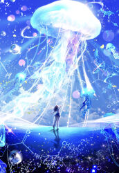  1girl absurdres animal arm_up blue_sky commentary_request flying_animal highres jellyfish long_hair loose_socks makoron117117 manta_ray original oversized_animal reflection school_uniform sky socks solo sparkle water_drop 