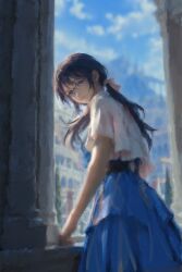  1girl black_hair blue_dress blue_eyes bow city dress fire_emblem fire_emblem:_fortune's_weave glass hair_bow highres looking_at_viewer looking_back pillar pink_bow shawl short_twintails tialla_august twintails white_shawl yi_12199 