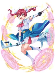  1girl artist_request boots broom broom_riding feet_out_of_frame gloves highres holding holding_wand kabushikigaisha_magi-lumiere long_hair looking_at_viewer magical_girl neckerchief official_art open_mouth red_eyes red_hair red_neckerchief sakuragi_kana shirt solo twintails wand white_boots white_gloves white_shirt 