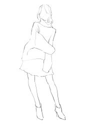  1girl ankle_boots boots faceless facing_viewer full_body greyscale hand_on_own_arm highres ichikawa_haru leaning_to_the_side long_sleeves monochrome original simple_background sketch skirt sleeves_past_fingers sleeves_past_wrists solo standing sweater white_background 