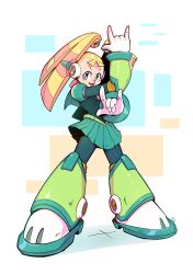  1girl \m/ absurdres alternate_costume android arm_up blonde_hair blue_eyes bodysuit boots commentary double_\m/ english_commentary full_body gloves green_boots green_skirt highres long_hair looking_at_viewer magical_girl mega_man_(series) mega_man_x8 mega_man_x_(series) miniskirt nichoba open_mouth pallette_(mega_man) pleated_skirt robot_ears skirt smile solo standing twintails white_background white_gloves 