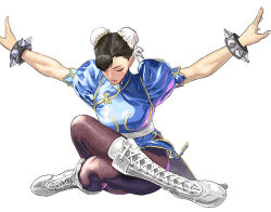  1girl absurdres black_hair blue_dress boots bracelet breasts brown_hair bun_cover chinese_clothes chun-li closed_eyes commentary_request crossed_legs double_bun dress earrings full_body hair_bun highres jewelry knee_boots lace-up_boots large_breasts matsubara_toshi outstretched_arms pantyhose pelvic_curtain puffy_short_sleeves puffy_sleeves qipao sash short_hair short_sleeves side_slit simple_background sitting solo spiked_bracelet spikes street_fighter thighs white_background 