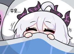  1girl ahoge beleullin black_halo blanket blue_archive chibi chibi_only closed_eyes commentary_request covered_mouth demon_horns hair_between_eyes halo happy head_on_pillow highres hina_(blue_archive) hina_(pajamas)_(blue_archive) holding holding_blanket horns korean_commentary korean_text long_hair multiple_horns pillow purple_halo solo translation_request under_covers white_hair 