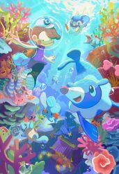  1boy absurdres air_bubble blush_stickers brown_hair bubble chinchou closed_mouth commentary_request coral corsola hat highres lanturn luna_mokamoka luvdisc male_focus male_protagonist_(pokemon_pokopia) mudkip outstretched_arm piplup pokemon pokemon_(creature) pokemon_pokopia popplio shellder short_hair smile squirtle totodile underwater 