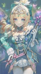  1girl absurdres aqua_dress aqua_eyes aqua_sleeves blonde_hair blue_gem breasts closed_mouth detached_sleeves dress gem genshin_impact gloves hand_on_own_hip hand_up highres holding holding_wand long_hair long_sleeves looking_at_viewer mangsik medium_breasts pantyhose pointy_ears single_bare_shoulder smile solo strapless strapless_dress vesna_(genshin_impact) wand white_gloves white_pantyhose 