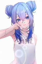  1girl blue_eyes blue_hair blue_nails blush bracelet clothes_writing crossed_bangs double-parted_bangs double_bun ear_piercing film_grain hair_between_eyes hair_bun highres jewelry lens_flare long_sidelocks looking_at_viewer messy_hair multicolored_nails multiple_bracelets multiple_piercings nail_polish necklace open_mouth original parallel_piercings pearl_necklace piercing raised_eyebrows short_hair_with_long_locks sidelocks solo suikun_(319n.) suikun_(sui.) tank_top upper_body white_tank_top 