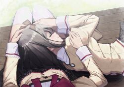  2girls absurdres akemi_homura black_hair breasts canon_event character_pov closed_eyes closed_mouth commentary_request day durchfallkaffee_levante hand_on_another's_head hand_on_another's_shoulder highres juliet_sleeves kaname_madoka lap_pillow long_hair long_sleeves lying mahou_shoujo_madoka_magica mahou_shoujo_madoka_magica:_walpurgis_no_kaiten mitakihara_school_uniform multiple_girls on_bench on_side partial_commentary pov puffy_sleeves school_uniform sitting sleeping small_breasts smile spoilers thigh-highs white_thighhighs 