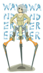  1girl brown_eyes brown_shirt closed_mouth commentary_request cyborg english_text full_body grey_hair hands_on_own_hips head_tilt invisible_floor long_legs mechanical_legs medium_hair megrim_haruyo multiple_legs original shirt solo standing straight-on text_background two-tone_background white_background 