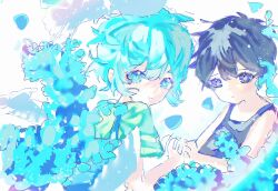  2boys antenna_hair basil_(faraway)_(omori) basil_(omori) black_eyes black_hair black_shirt blue_eyes blue_flower blue_hair closed_mouth commentary english_commentary flower green_shirt hair_behind_ear highres light_smile looking_at_viewer looking_back male_focus multiple_boys omori overalls seamussels shirt short_hair short_sleeves sidelocks simple_background sunny_(omori) white_background 