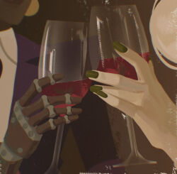  2girls alcohol calico_(deadlock) chromatic_aberration close-up commentary cup dark-skinned_female dark_skin deadlock_(game) drinking_glass english_commentary euli_art green_nails hand_focus highres lady_geist_(deadlock) multiple_girls out_of_frame prosthesis prosthetic_arm red_wine toasting_(gesture) wine wine_glass 