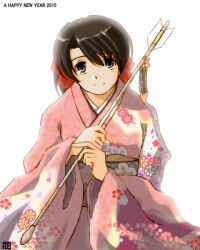  1girl 2015 arrow_(projectile) bad_id black_hair bow brown_eyes closed_mouth commentary_request grey_sash hair_bow hamaya hana_(hana_mo_arashi_mo) happy_new_year holding holding_arrow japanese_clothes kimono looking_at_viewer new_year obi original pink_kimono red_bow sash short_hair smile solo 