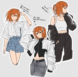  1girl absurdres adachi_rei android bare_shoulders belt black_shirt casual commentary_request crop_top hand_in_pocket highres humanoid_robot jacket korean_commentary korean_text midriff multiple_views navel off-shoulder_sweater off_shoulder one_side_up ooo_oxe open_clothes open_jacket orange_eyes orange_hair pants pocket ribbon robot shirt shorts sweater tank_top utau white_background white_jacket white_ribbon white_tank_top 