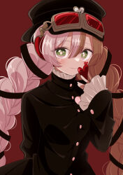  1girl 7753 absurdres braid brown_hair closed_mouth commentary_request frilled_sleeves frills goggles goggles_on_head green_eyes hat heart heart_print highres holding long_hair magical_girl mahou_shoujo_ikusei_keikaku mahou_shoujo_ikusei_keikaku_limited oekakitanoshina pink_hair red_background smile twin_braids 