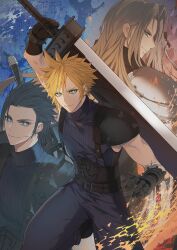  3boys arm_up armor black_gloves black_hair blonde_hair blue_eyes buster_sword cloud_strife commentary_request cowboy_shot cross_scar final_fantasy final_fantasy_vii final_fantasy_vii_remake gloves green_eyes grey_hair highres holding holding_sword holding_weapon korean_commentary long_hair lyell_ff14 male_focus multiple_boys scar scar_on_cheek scar_on_face sephiroth short_hair shoulder_armor sleeveless sleeveless_turtleneck spiky_hair suspenders sweater sword turtleneck turtleneck_sweater weapon zack_fair 