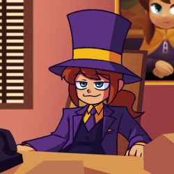  1girl :3 a_hat_in_time alternate_costume antique_phone black_vest blue_eyes brown_hair cape closed_mouth collared_shirt commentary english_commentary fine_art_parody half-closed_eyes hat hat_kid hat_ribbon highres hitdhits jacket light_smile long_hair long_sleeves looking_at_viewer looking_to_the_side mona_lisa necktie own_hands_together painting_(object) parody phone pocket_square ponytail purple_hat purple_jacket purple_necktie ribbon rotary_phone scene_reference shirt sidelocks sitting suit_jacket top_hat vest window yellow_cape yellow_ribbon yellow_shirt zipper_pull_tab 
