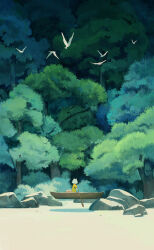  1other bird boat canoe cat choidomart commentary faux_traditional_media flying forest furry grass highres holding holding_oar landscape nature oar on_boat original outdoors paddle river rock rowboat rowing scenery shirt sitting tree water watercraft yellow_shirt 