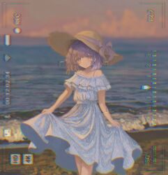  1girl absurdres asahinagi_shio bare_shoulders beach blue_dress blunt_bangs blush bow clothes_lift collarbone colorful_clouds commentary_request dress dress_lift evening floral_print floral_print_dress frilled_dress frills gakuen_idolmaster grey_sky hat hat_bow hat_ribbon hataya_misuzu highres horizon idolmaster lifting_own_clothes looking_at_viewer medium_hair ocean outdoors print_dress purple_bow purple_hair purple_ribbon ribbon sand shore sidelocks sky smile solo spaghetti_strap straw_hat sun_hat thighs viewfinder violet_eyes water 