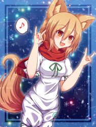  1girl :3 :d animal_ear_fluff animal_ears blonde_hair blue_background blue_border blush border breasts commentary_request cowboy_shot dot_nose double_fox_shadow_puppet dutch_angle fox_ears fox_girl fox_shadow_puppet fox_tail green_ribbon hair_between_eyes hands_up heart heart_in_eye hexagon highres kudamaki_tsukasa long_hair_between_eyes medium_hair musical_note open_mouth outside_border red_scarf ribbon romper scarf short_sleeves siw0n sleeve_ribbon small_breasts smile snowflakes solo spoken_musical_note standing symbol_in_eye tail touhou white_romper yellow_eyes 