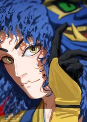  1boy black_gloves blue_mask blurry closed_mouth commentary_request depth_of_field facial_mark gloves golden_kamuy highres holding holding_mask looking_at_viewer male_focus mask murata_miku solo usami_tokishige watermark yellow_eyes 