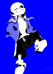 1boy blue_background drawstring hands_in_pockets hoodie looking_at_viewer s0ft10p sans_(undertale) simple_background skeleton slippers solo undertale utdr_(toby_fox) wink