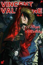  1boy alternate_costume arm_up belt belt_buckle birthday black_choker black_hair blood blood_on_face buckle character_name choker clawed_gauntlets coat commentary_request cowboy_shot dated fake_claws final_fantasy final_fantasy_vii fur-trimmed_hood fur_trim gauntlets hair_between_eyes happy_birthday headband highres hood jacket looking_at_viewer male_focus parted_lips portrait red_coat red_eyes red_headband red_jacket single_gauntlet skull solo tangxhzhyf vincent_valentine 