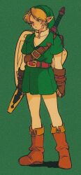  1boy belt belt_buckle blonde_hair blue_eyes boots brown_belt brown_boots brown_gloves buckle chest_belt curtained_hair film_grain fingerless_gloves full_body gloves green_background green_hat green_tunic hat layered_sleeves leggings link long_pointy_ears long_sleeves looking_to_the_side male_focus multiple_belts open_mouth pikurusu pointy_ears shield shield_on_back short_hair short_over_long_sleeves short_sleeves sideways_glance simple_background solo standing sword sword_on_back the_legend_of_zelda the_legend_of_zelda:_ocarina_of_time tunic very_short_hair weapon weapon_on_back white_leggings 