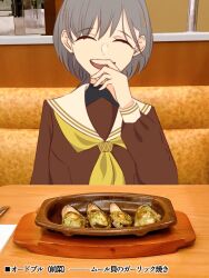  1girl ^_^ black_shirt brown_dress closed_eyes commentary_request dress facing_viewer food hair_ornament hasu_no_sora_school_uniform highres indoors katsuragi_izumi kra_oji long_sleeves love_live! love_live!_hasu_no_sora_jogakuin_school_idol_club mussel neckerchief open_mouth photo_background pov_dating sailor_collar sailor_dress saizeriya school_uniform shirt smile solo translation_request triangle_hair_ornament turtleneck turtleneck_shirt turtleneck_under_shirt white_sailor_collar winter_uniform yellow_neckerchief 