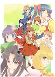  6+girls :d amasawa_ikumi antenna_hair arm_up artist_name ascot black_hair blazer blonde_hair blue_jacket blue_skirt blush border bow brown_eyes brown_hair brown_skirt brown_sweater clannad closed_mouth collared_shirt commentary_request company_connection company_name crossover dango_daikazoku from_above furukawa_nagisa green_background green_bow green_eyes grin hair_bow hair_ornament hair_over_one_eye hair_ribbon hairclip half-closed_eyes half_updo heaven_burns_red highres hikarizaka_private_high_school_uniform holding holding_stuffed_toy index_finger_raised jacket kawana_misaki kayamori_ruka key_(company) kneehighs kouzuki_mio light_smile long_hair long_sleeves looking_at_viewer looking_up medium_hair miniskirt misaki_juri moon_(game) multiple_girls nagamori_mizuka nanase_rumi neck_ribbon necktie one_-_kagayaku_kisetsu_e one_eye_covered open_clothes open_jacket open_mouth pleated_skirt red_ascot red_bow red_eyes red_necktie red_shirt red_skirt ribbon sailor_collar satomura_akane school_uniform shiina_mayu_(one) shirt short_hair sidelocks sideways_glance simple_background skirt sleeves_past_wrists smile socks standing stuffed_toy sweater textless_version twintails watermark wavy_hair white_border white_sailor_collar white_shirt white_socks wide_shot yellow_jacket yellow_ribbon |_| 