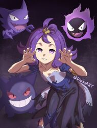  1girl absurdres acerola_(pokemon) armlet claw_pose collarbone colored_sclera darkyart dress evolutionary_line fangs flipped_hair gastly gengar ghost ghost_type_theme_(pokemon) grin hair_ornament haunter highres jewelry leaning_forward looking_at_viewer multicolored_dress open_mouth pokemon pokemon_(creature) pokemon_sun_and_moon purple_hair red_eyes red_sclera short_hair short_sleeves smile teeth topknot torn_clothes torn_dress violet_eyes 