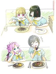  +++ 4girls :d :i absurdres ahoge anyoji_hime arm_support black_hair black_spaghetti blonde_hair blue_dress blue_eyes breast_pocket breasts brown_hair closed_mouth commentary_request dress eating eggplant128 empty_plate flying_sweatdrops food food_on_face fork gradient_hair green_eyes hair_ornament hamburger_steak hasu_no_shoushihenkei hasu_no_sora_school_uniform highres holding holding_fork holding_tissue hot_plate jellyfish_cut kachimachi_kosuzu katsuragi_izumi long_hair love_live! love_live!_hasu_no_sora_jogakuin_school_idol_club medium_breasts momose_ginko multi-tied_hair multicolored_hair multiple_girls neckerchief open_mouth pasta pink_hair pocket ponytail puffy_short_sleeves puffy_sleeves sailor_collar sailor_dress saizeriya school_uniform short_sleeves sitting smile spaghetti spoon summer_uniform table_knife tissue triangle_hair_ornament v-shaped_eyebrows virtual_youtuber white_sailor_collar wiping_another's_face worried yellow_neckerchief 