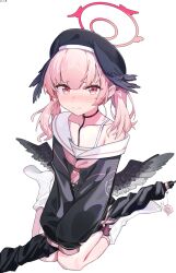  1girl absurdres beret black_hat black_jacket black_wings blue_archive blush closed_mouth commentary feathered_wings gun halo hat head_wings highres holding holding_gun holding_weapon huolongcao jacket kneehighs koharu_(blue_archive) looking_at_viewer low_wings medium_hair neckerchief pink_eyes pink_hair pink_halo pink_neckerchief rifle single_bare_shoulder sitting sleeves_past_fingers sleeves_past_wrists socks solo twintails wariza weapon white_socks wings 