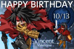  1boy armored_boots birthday black_gloves black_hair boots cape character_name cloak copyright_notice dated english_commentary final_fantasy final_fantasy_vii final_fantasy_vii_rebirth final_fantasy_vii_remake final_fantasy_vii_revelation gauntlets gloves gun hair_between_eyes handgun happy_birthday headband highres holding holding_gun holding_weapon long_hair looking_at_viewer low_poly mixed-language_commentary multiple_views official_art red_cape red_cloak red_eyes red_headband single_gauntlet single_glove square_enix thigh_strap vincent_valentine weapon 