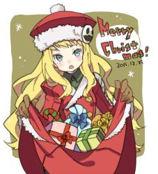  1girl armor blonde_hair blue_eyes brown_gloves buttons character_hat coat commentary_request cowboy_shot dated double-breasted fur-trimmed_coat fur-trimmed_headwear fur_trim gloves gunner_(sekaiju) gunner_2_(sekaiju) haruyasai_(sanbunno) jack_frost_(megami_tensei) juliet_sleeves long_hair long_sleeves looking_at_viewer merry_christmas open_mouth pom_pom_(clothes) puffy_sleeves red_coat sekaiju_no_meikyuu sekaiju_no_meikyuu_2 solo 