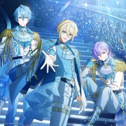  3boys :d aiguillette arm_at_side ascot ash_fragile asymmetrical_footwear beckoning belt black_belt black_choker blonde_hair blue_eyes blue_hair blue_hairband boots brooch choker closed_mouth collared_shirt commentary_request contrast_lapels copyright_notice disney_sparklink_stars earrings elie_cendrillon epaulettes feet_out_of_frame gloves hair_between_eyes hair_bun hair_over_shoulder hairband idol_clothes jacket jacket_on_shoulders jewelry knees_up lapels long_hair_between_eyes long_sleeves looking_at_viewer male_focus medium_hair mole mole_under_eye multiple_boys offering_hand official_art pants pants_tucked_in parted_lips promotional_art purple_hair quilted_clothes rent_fragile shirt short_hair sidelocks single_hair_bun sitting sitting_on_stairs sleeve_cuffs smile sparkle stairs standing stud_earrings thigh_boots uneven_footwear vest waist_cape white_ascot white_boots white_gloves white_jacket white_pants white_vest 