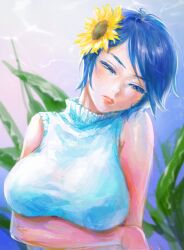  1girl arakure_ojou-sama_wa_monmon_shiteiru bare_arms bare_shoulders blue_hair blue_lips breasts close-up commentary_request expressionless eyelashes flower gradient_background hair_flower hair_ornament half-closed_eyes head_tilt highres huge_breasts kuchinashi_tsubaki large_breasts leaning_to_the_side lips looking_down no_lineart nose oota_alisa painterly short_hair sleeveless sleeveless_sweater sleeveless_turtleneck solo squinting sunflower sweater turtleneck turtleneck_sweater upper_body yellow_sweater 