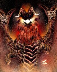  absurdres blue_eyes breath_weapon breathing_fire calligraphy_brush_(medium) claws deadpool_yuchan dragon fire glowing glowing_eyes highres horns looking_at_viewer mane monster monster_focus monster_hunter_(series) monster_hunter_wilds no_humans open_mouth pointy_ears red_fur shaded_face sharp_teeth signature solo teeth teostra tusks 