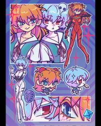  2girls :o abstract_background ayanami_rei bazukat_art black_border blue_eyes blue_hair bodysuit border bread bread_slice chibi chibi_inset closed_mouth commentary eye_contact food food_in_mouth gloves highres implied_yuri interface_headset_(evangelion) looking_at_another mecha_pilot_suit multiple_girls multiple_views neon_genesis_evangelion orange_hair outline pink_ribbon plugsuit_(evangelion) red_bodysuit red_eyes ribbon school_uniform short_hair smile souryuu_asuka_langley teeth tokyo-3_middle_school_uniform untranslatable_commentary white_bodysuit white_gloves white_outline 
