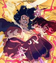  1boy artist_name black_hair clenched_hands clenched_teeth commentary gear_fourth gear_fourth:_snakeman haki_(one_piece) highres looking_at_viewer male_focus monkey_d._luffy one_piece red_shirt scar scar_on_face shirt solo taku_(aywakutakuay) teeth topless_male 