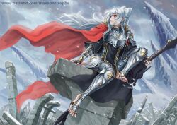  1girl ahoge arlenbell body_markings bow-shaped_hair brown_gloves cape clouds cloudy_sky commentary commission english_commentary expressionless feet fingerless_gloves fingernails foot_blush foot_dangle gloves gold_trim hair_flowing_over holding holding_polearm holding_weapon ice knight long_bangs long_eyelashes long_fingernails long_hair looking_to_the_side maxa' original pale_skin polearm red_cape red_eyes ruins sharp_fingernails sharp_toenails signature sitting sky snowing soles solo spear straight_hair strap toenails toes very_long_hair weapon web_address white_hair white_sky 