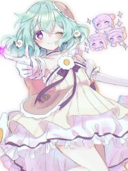  4girls @nyannyan absurdres aqua_hair blush commentary_request dress elbow_gloves finger_gun flower-shaped_pupils frilled_dress frills gloves hair_ornament highres magical_daisy magical_girl mahou_shoujo_ikusei_keikaku mahou_shoujo_ikusei_keikaku_restart multiple_girls nokko-chan one_eye_closed shiromiso23 short_hair smile sparkle symbol-shaped_pupils violet_eyes white_background white_gloves yumenoshima_genopsycho 