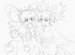  2girls biscuit_krueger bow capelet chinese_commentary commentary_request covering_own_mouth cowboy_shot crossover dress drill_hair eye_contact female_sword_bearer_(kagurabachi) frilled_capelet frilled_dress frills gloves granyon greyscale hair_bow hair_ribbon hand_over_own_mouth hand_up haori hatching_(texture) highres hunter_x_hunter japanese_clothes kagurabachi kimono linear_hatching looking_at_another monochrome multiple_girls ribbon short_twintails simple_background sketch twin_drills twintails white_background 