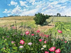  blue_sky clouds commentary day english_commentary field flower grass highres kate_avery no_humans oil_painting_(medium) original outdoors painting_(medium) pink_flower purple_flower scenery sky traditional_media tree white_flower 